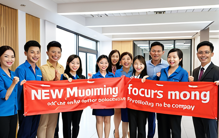 ** A vibrant onboarding scene. New employees are warmly welcomed with "Chào Mừng" banners and receiving company swag. They are surrounded by smiling colleagues in a modern office, symbolizing a positive and inclusive start. Focus on capturing the feeling of belonging and excitement.

**