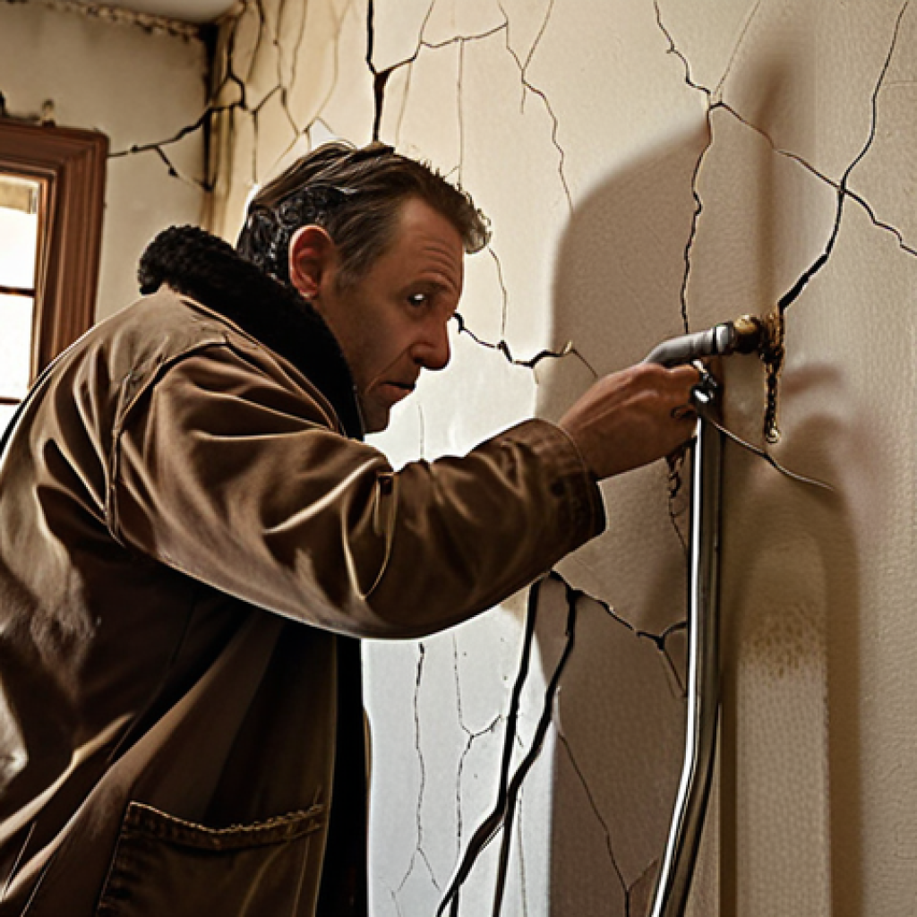 **

Prompt: A concerned homeowner inspecting their house for signs of disrepair (cracked walls, leaky pipes). Include elements suggesting home management services are available. Style: Realistic, slightly dramatized lighting.

**