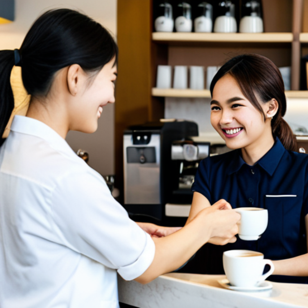 A professional adult Vietnamese barista, male or female, in a modest, clean cafe uniform, warmly handing a personalized coffee to a smiling female customer at a sleek, modern counter in a cozy Saigon coffee shop. The customer is fully clothed in appropriate attire, appreciating the service. The background features soft, inviting lighting and subtle, family-friendly coffee shop decor. Fully clothed, modest clothing, appropriate attire, professional dress, safe for work, appropriate content, perfect anatomy, correct proportions, natural pose, well-formed hands, proper finger count, natural body proportions, high-quality, professional photography, realistic.