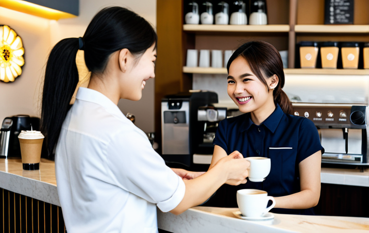 A professional adult Vietnamese barista, male or female, in a modest, clean cafe uniform, warmly handing a personalized coffee to a smiling female customer at a sleek, modern counter in a cozy Saigon coffee shop. The customer is fully clothed in appropriate attire, appreciating the service. The background features soft, inviting lighting and subtle, family-friendly coffee shop decor. Fully clothed, modest clothing, appropriate attire, professional dress, safe for work, appropriate content, perfect anatomy, correct proportions, natural pose, well-formed hands, proper finger count, natural body proportions, high-quality, professional photography, realistic.