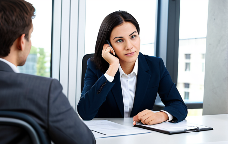 A professional customer service manager, fully clothed in a modest business suit, actively listening and engaging in a focused discussion with a client at a modern office desk. The setting is a brightly lit, contemporary office with clean lines and a professional atmosphere, emphasizing empathetic communication and understanding customer needs. perfect anatomy, correct proportions, natural pose, well-formed hands, proper finger count, natural body proportions, professional photography, high quality, safe for work, appropriate content, modest, family-friendly.