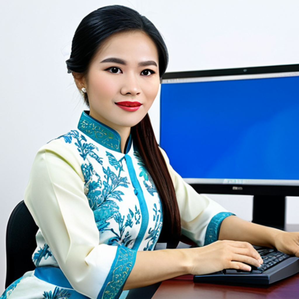 **

"A professional Vietnamese businesswoman in a modest ao dai (traditional Vietnamese dress), sitting at a modern desk in a Ho Chi Minh City office, fully clothed, appropriate attire, safe for work, perfect anatomy, natural proportions, professional photography, high quality, family-friendly."

**