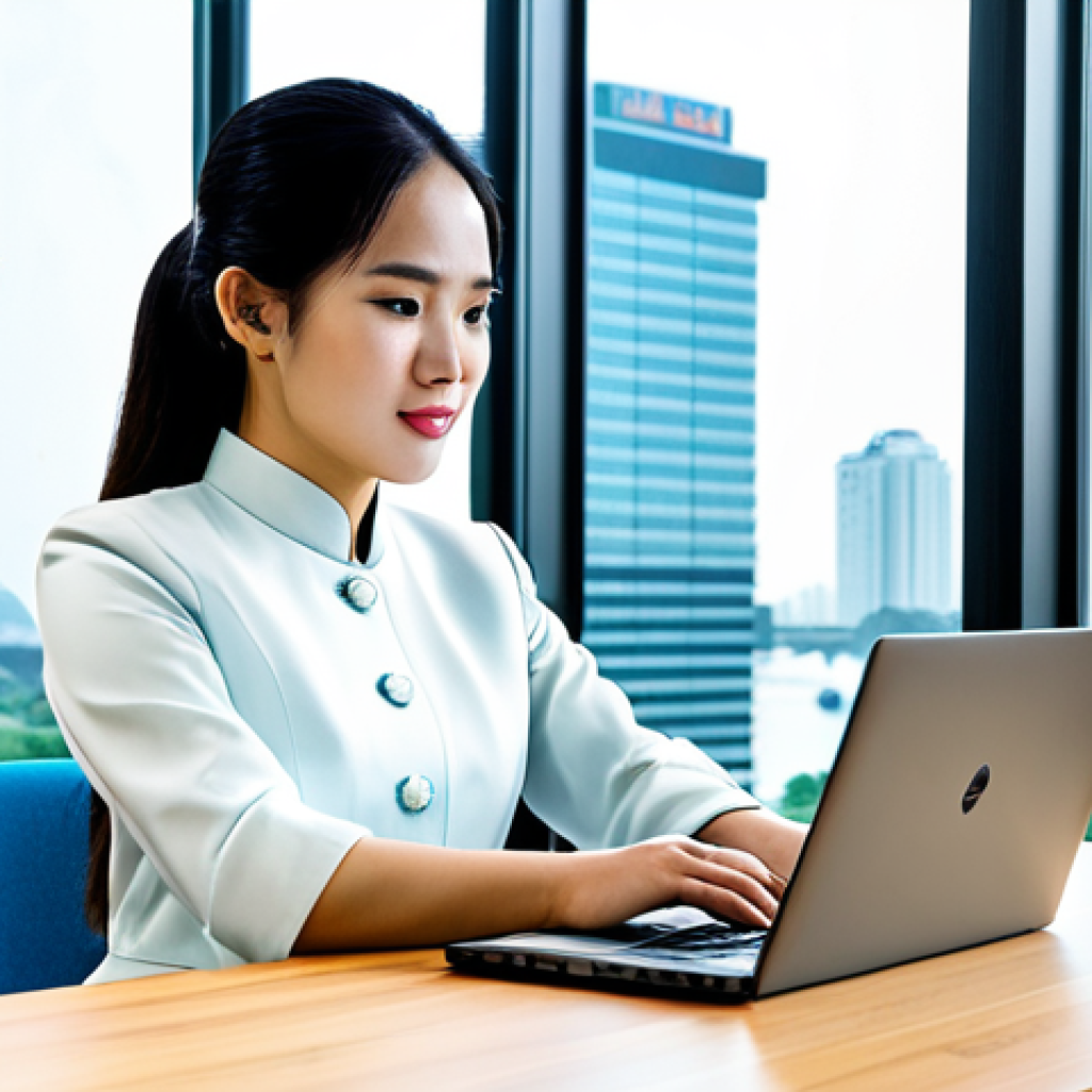 Modern Office Scene**

"A professional young businesswoman in a *&aacute;o d&agrave;i* (traditional Vietnamese dress) made of a modern fabric, working on a laptop in a bright, contemporary co-working space in Ho Chi Minh City. Large windows with city views in the background. Safe for work, appropriate content, fully clothed, modest clothing, professional, perfect anatomy, natural proportions, high-quality render, realistic lighting."

**