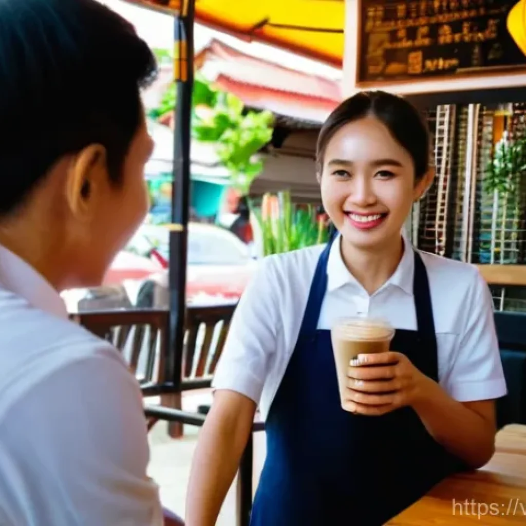 서비스관리사와 고객 만족도 조사 - A warm and inviting scene inside a traditional Vietnamese coffee shop in Đà Lạt. A friendly male own...