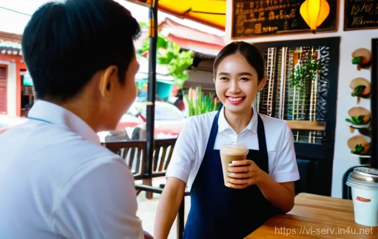 서비스관리사와 고객 만족도 조사 - A warm and inviting scene inside a traditional Vietnamese coffee shop in Đà Lạt. A friendly male own...