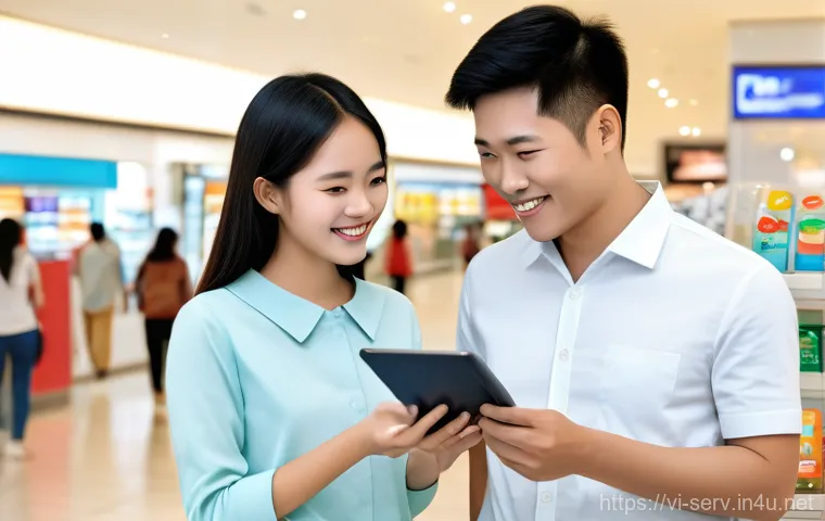 서비스관리사와 KPI 설정 및 관리 - A vibrant scene depicting diverse modern Vietnamese customers engaging with a service in various way...