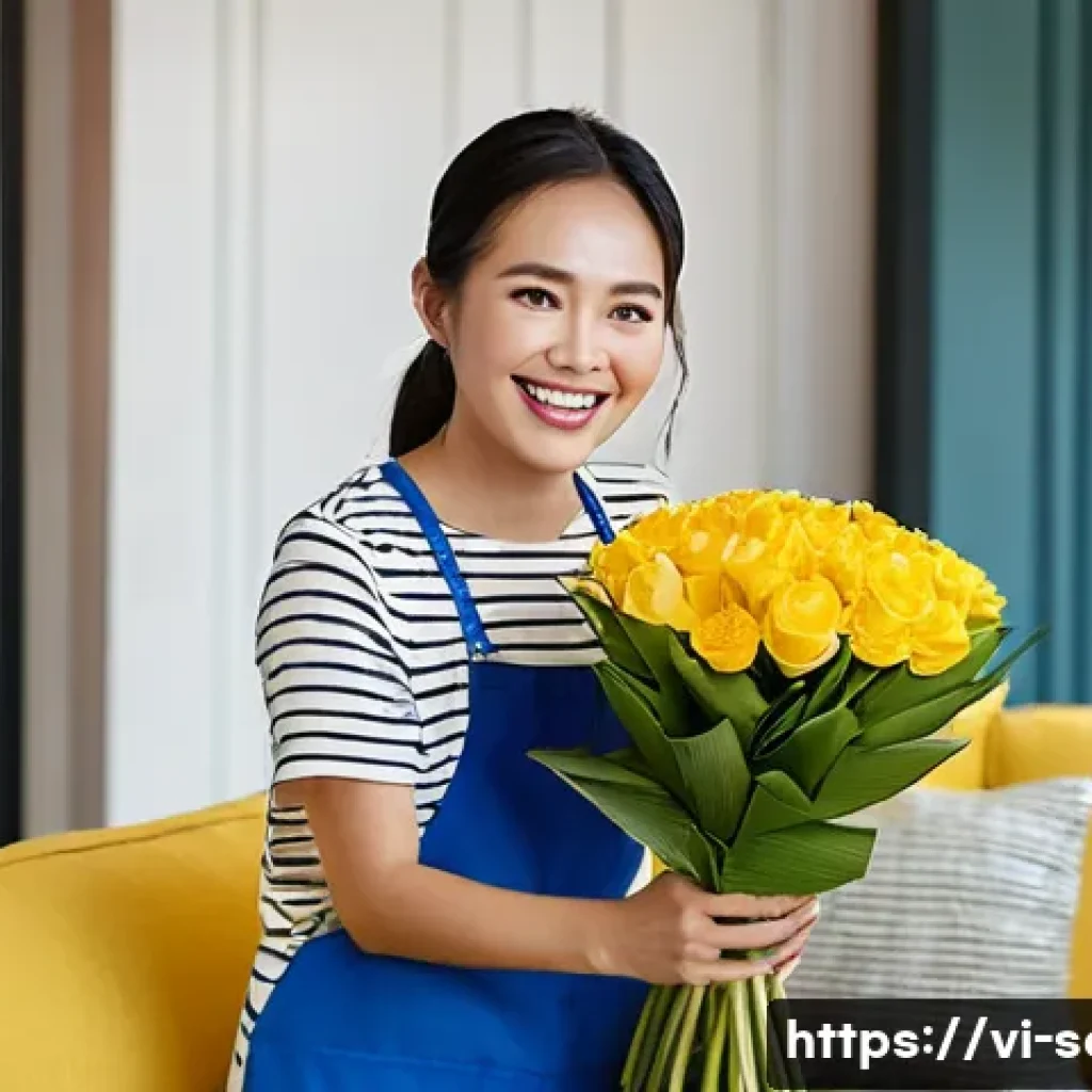 서비스관리사와 고객 보상 정책 사례 - A cheerful young Vietnamese woman in her late 20s is receiving a fresh, vibrant bouquet of flowers f...