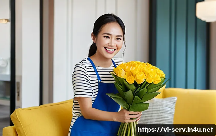 서비스관리사와 고객 보상 정책 사례 - A cheerful young Vietnamese woman in her late 20s is receiving a fresh, vibrant bouquet of flowers f...