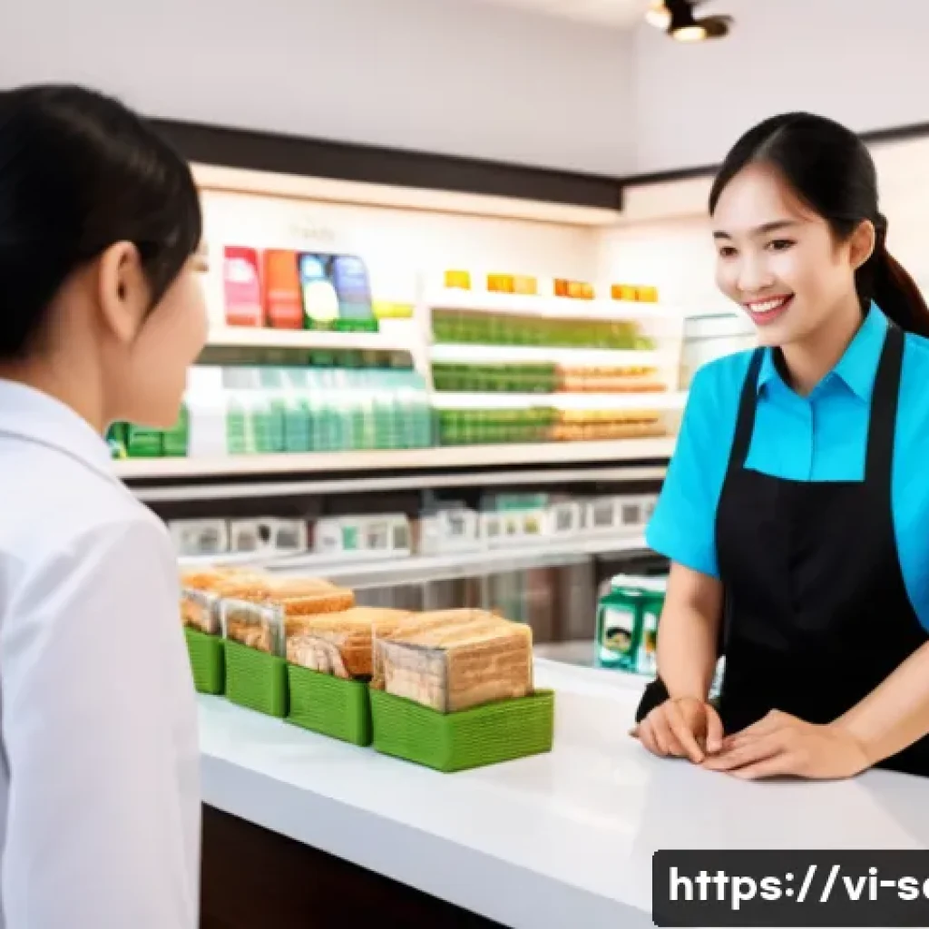 서비스관리사와 성공 사례 연구 - A modern Vietnamese retail store interior bustling with diverse customers interacting warmly with at...