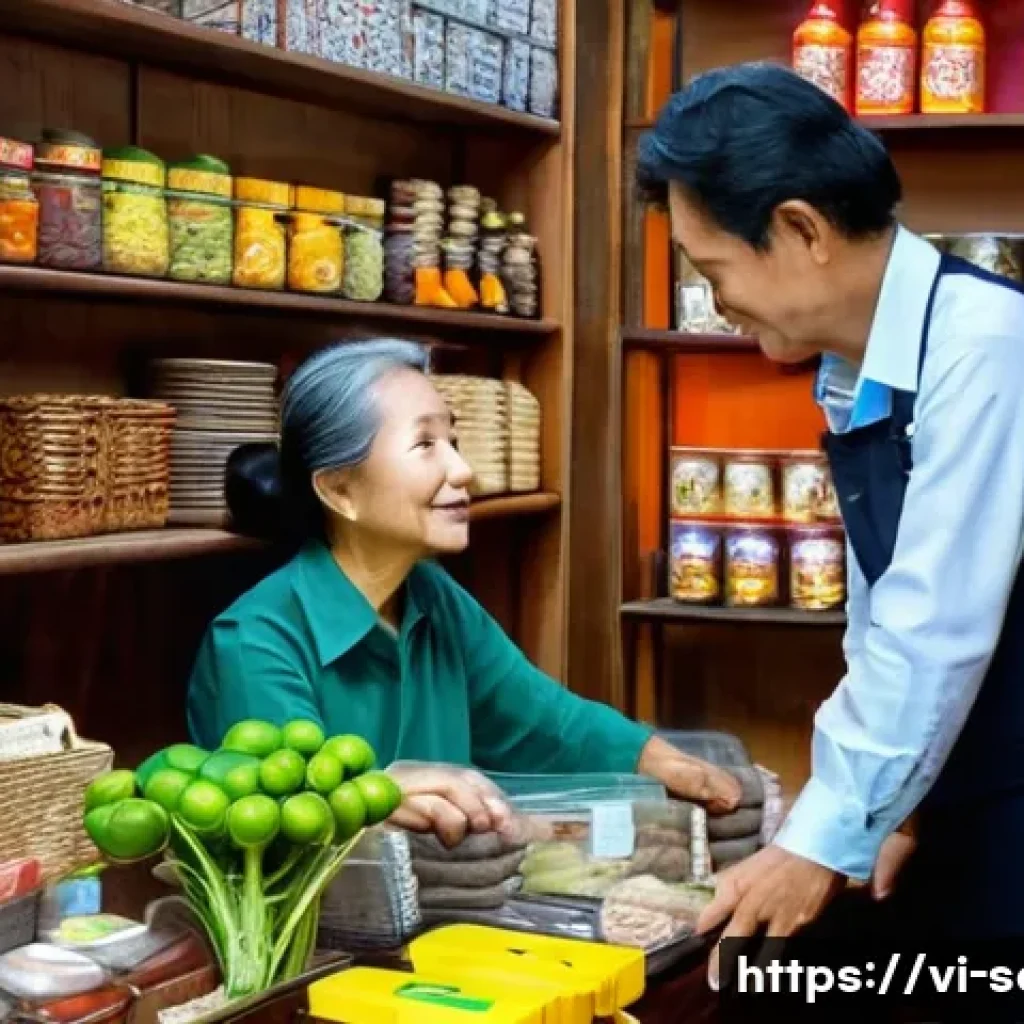 서비스관리사와 고객 신뢰 구축 방법 - A small, cozy Vietnamese shop interior in Hanoi with a friendly shopkeeper attentively listening to ...