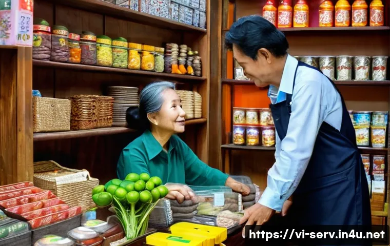 서비스관리사와 고객 신뢰 구축 방법 - A small, cozy Vietnamese shop interior in Hanoi with a friendly shopkeeper attentively listening to ...