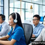 Home 20 서비스관리사와 경력 쌓는 업무 사례 - A professional Vietnamese customer service team in a modern office setting, engaged in a friendly an...