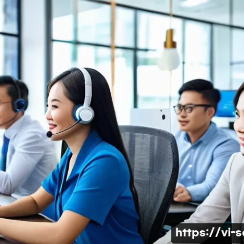 Home 32 서비스관리사와 경력 쌓는 업무 사례 - A professional Vietnamese customer service team in a modern office setting, engaged in a friendly an...