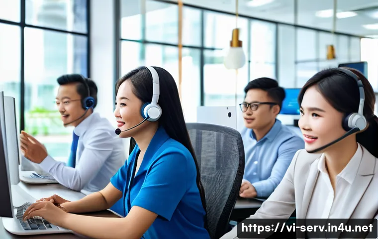 서비스관리사와 경력 쌓는 업무 사례 - A professional Vietnamese customer service team in a modern office setting, engaged in a friendly an...
