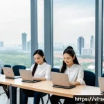 Home 19 서비스관리사와 직무 전문성 강화 방법 - A modern Vietnamese office scene showing a diverse team of young professionals engaged in a dynamic ...