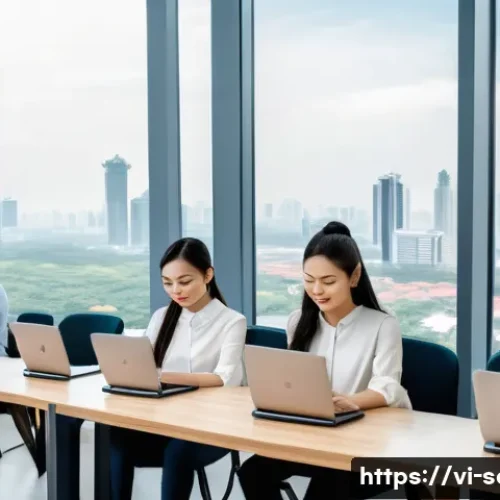 Home 31 서비스관리사와 직무 전문성 강화 방법 - A modern Vietnamese office scene showing a diverse team of young professionals engaged in a dynamic ...