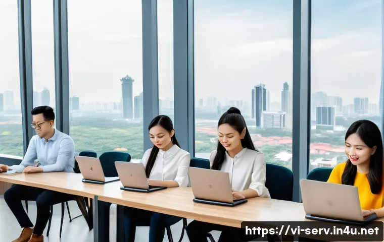 서비스관리사와 직무 전문성 강화 방법 - A modern Vietnamese office scene showing a diverse team of young professionals engaged in a dynamic ...
