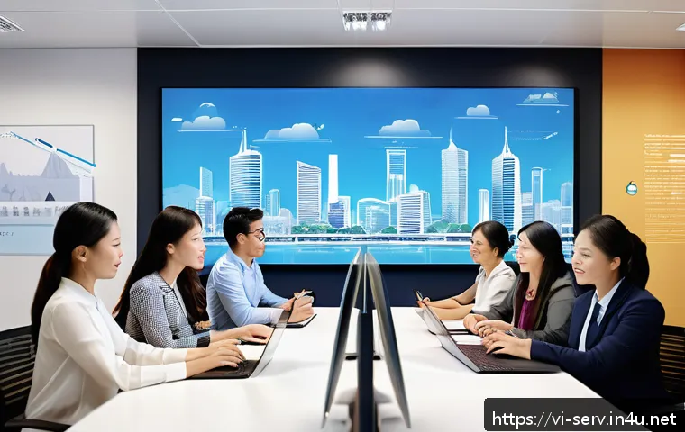 서비스관리사와 자기계발 전략 - A modern Vietnamese office environment showing a diverse team of professionals engaging in a digital...