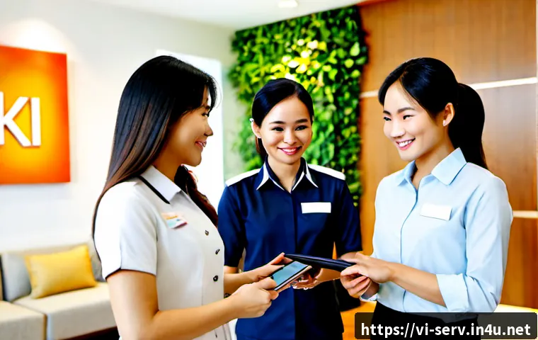 Home 17 서비스관리사와 서비스 산업의 변화 - Photorealistic Vietnamese service manager in a smart modern uniform assisting a multigenerational fa...