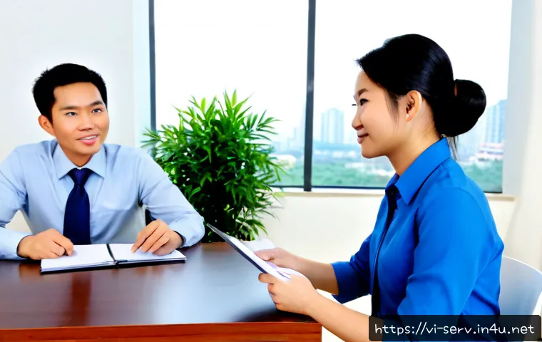 서비스관리사와 면접 질문 대비 - Photorealistic Vietnamese customer service manager conducting a practice interview with a young job ...