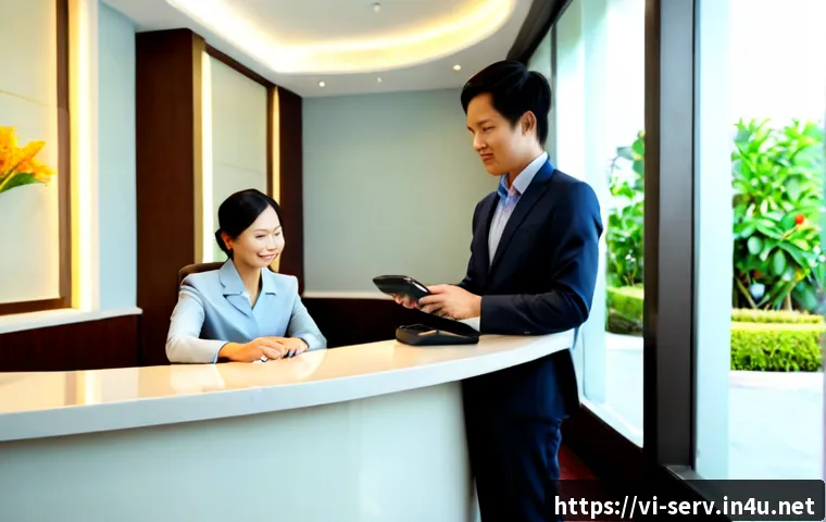 서비스관리사 자격증으로 할 수 있는 일 - Photorealistic Vietnamese customer service manager in a modern hotel lobby, professionally dressed a...