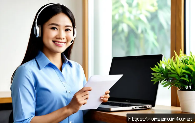 서비스관리사 자격증 취득 후기 - Photorealistic Vietnamese customer service professional in a neat modern office, smiling with quiet ...