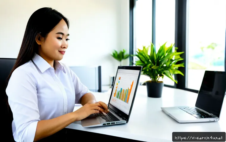 Home 17 서비스관리사 업무 성과 관리 - Photorealistic Vietnamese service manager reviewing team performance on a clean laptop dashboard wit...